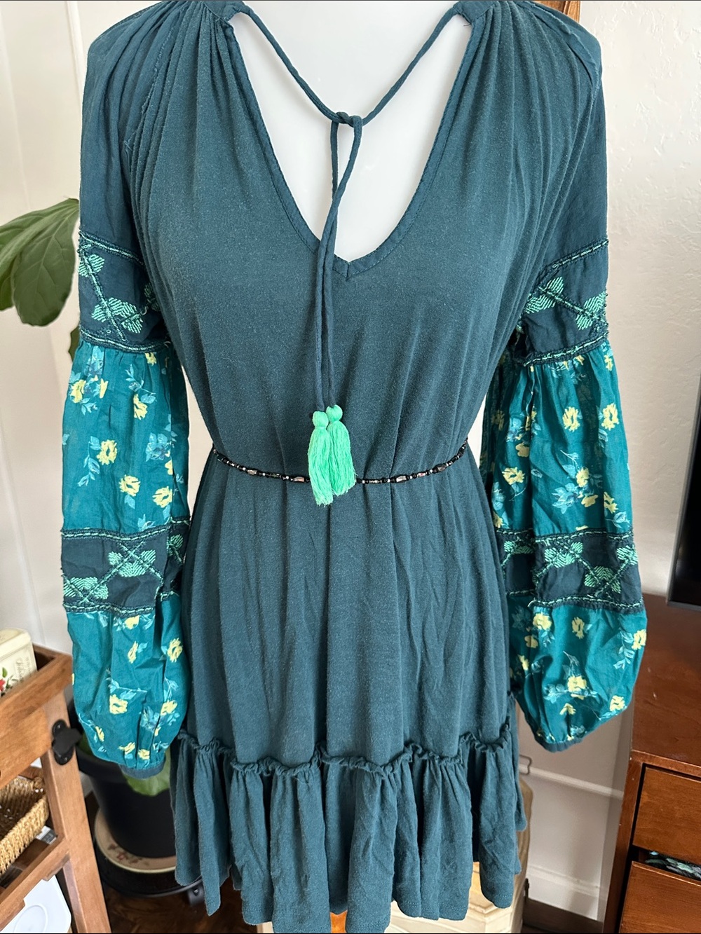 Free People Teal Tiered Peasant Dress with Embroidered Floral Sleeves tunic
